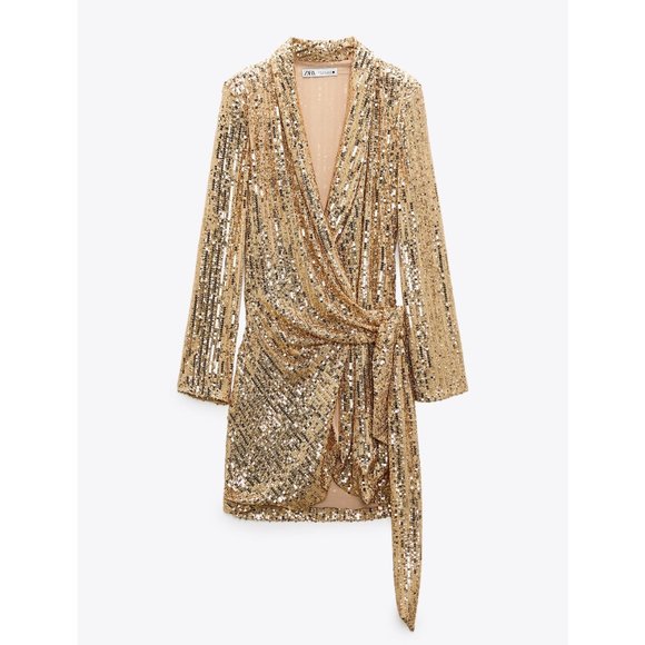 Zara Gold Sequin Short Wrap Dress Blazer - Picture 9 of 11